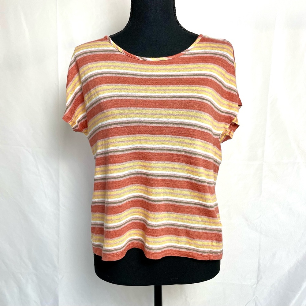 C&C California 100% Linen Striped Short Sleeve Top Small Cutout Back